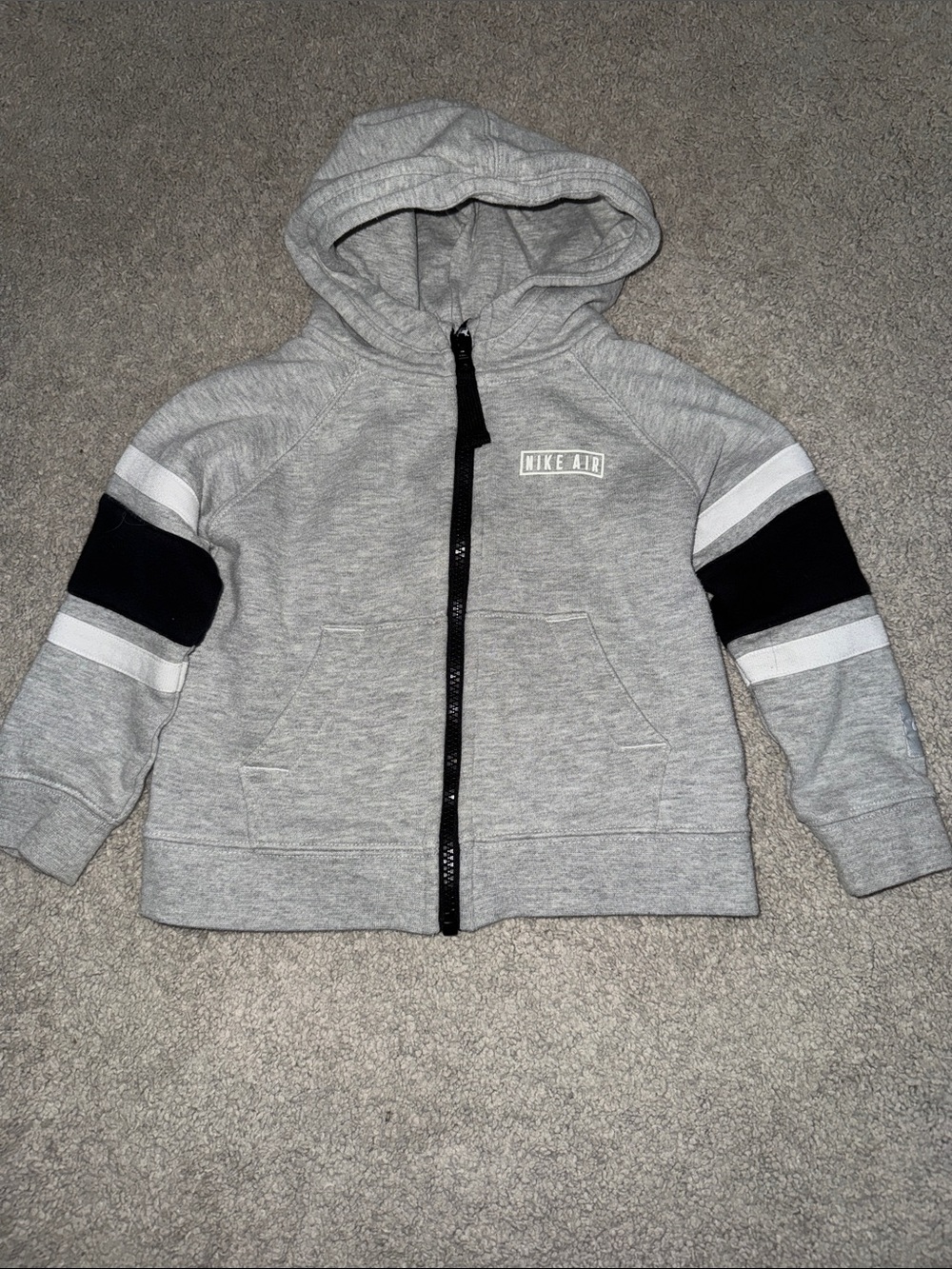 Nike Gray Zip Hoodie with Black and White Sleeve Stripes